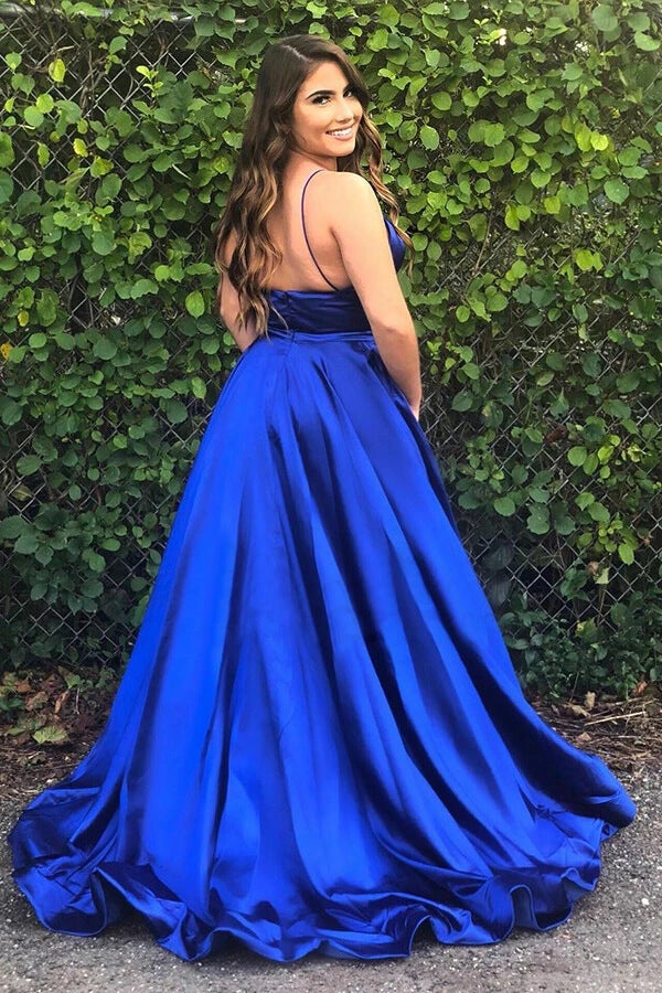 Pretty Royal Blue A-line Spaghetti Straps Prom Dresses, Evening Dresses