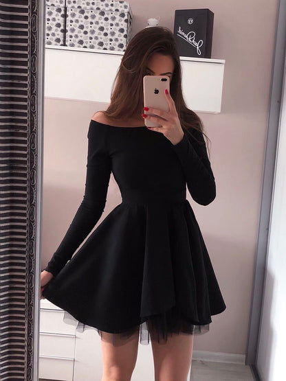 Simple Black Short Prom Dresses with Sleeves Off Shoulder jkprom Simple Black Short Prom Dresses with Sleeves Off Shoulder jkprom