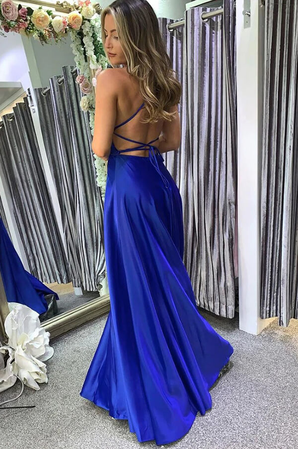 Simple Blue Satin A-line Long Prom Dresses With High Slit, Evening Gowns,party dresses for women