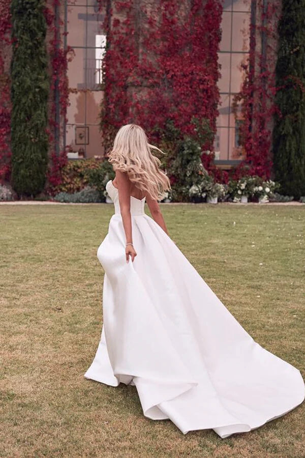 Beautiful Satin A Line V Neck Wedding Dresses With Slit  jkprom
