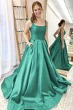 Simple Open Back Green Satin Long Prom Dress, Long Formal Graduation Evening Dresses