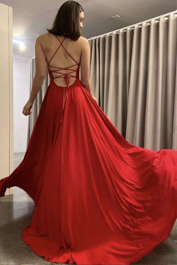 Best Red Chiffon A-line Spaghetti Straps Long Prom Dresses With Side Split,formal dress outfits