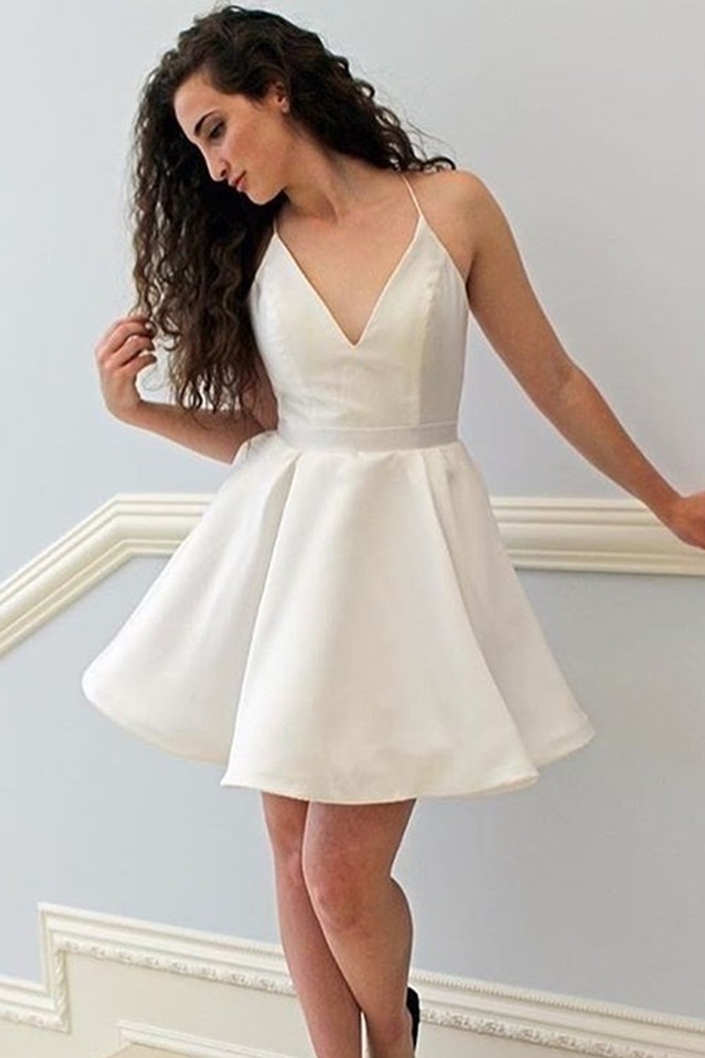 Simple V Neck Ivory Short Prom Homecoming Dresses, Ivory Formal Graduation Evening Dresses