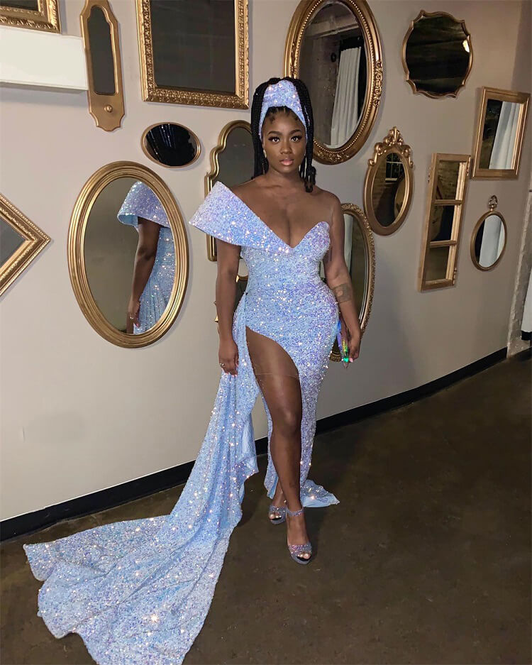 Sky Blue Sequin Prom Dresses For Black Girls,Mermaid Birthday Dress Sexy One Shoulder Party Gown with Slit