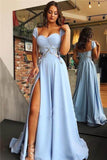 Sky Blue A-line Sweetheart Cape Sleeves Long Prom Dresses With Side Split