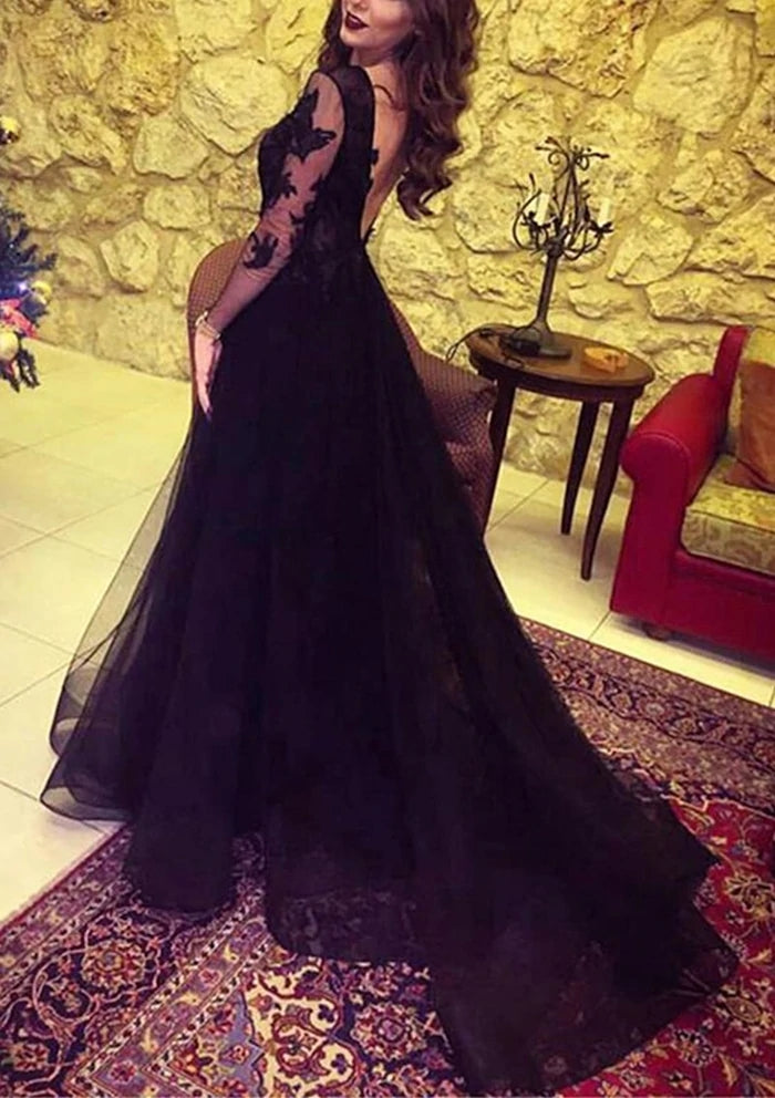 Glamorous Lace Black Long Sleeve Evening Dress,Leg Split Prom Dresses