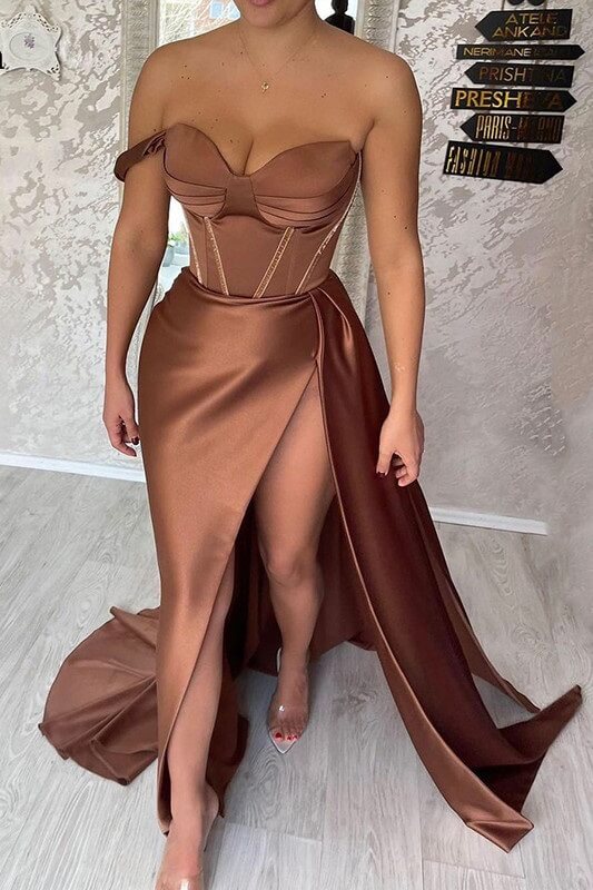 Chocolate Sweetheart Formal Evening Gowns Sexy Corset Prom Dresses,Side Split Satin Party Dress