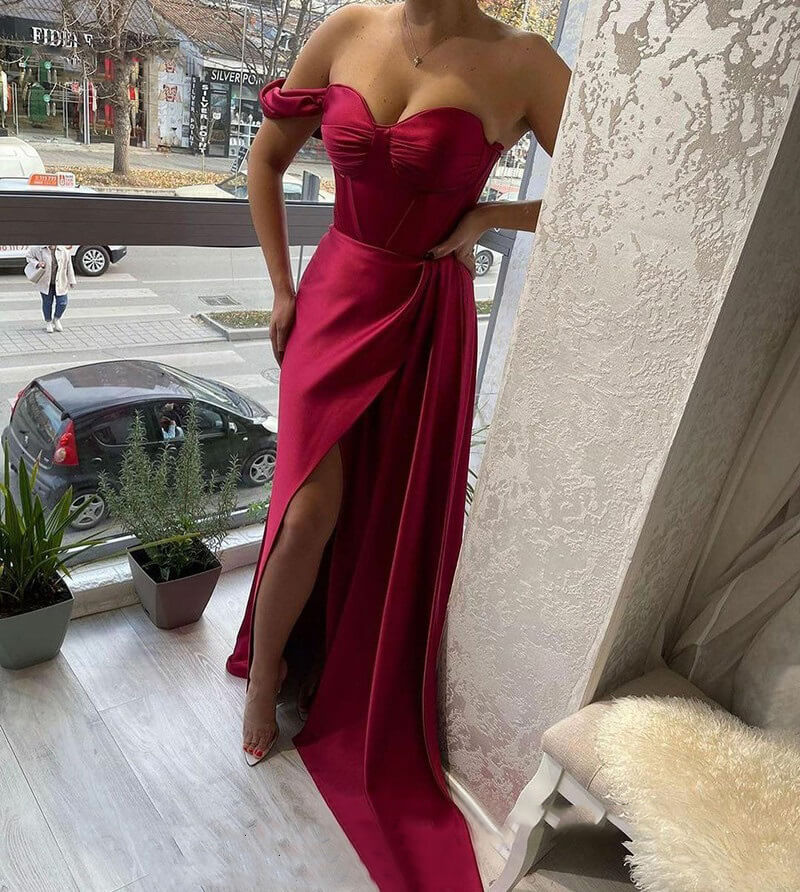 Chocolate Sweetheart Formal Evening Gowns Sexy Corset Prom Dresses,Side Split Satin Party Dress