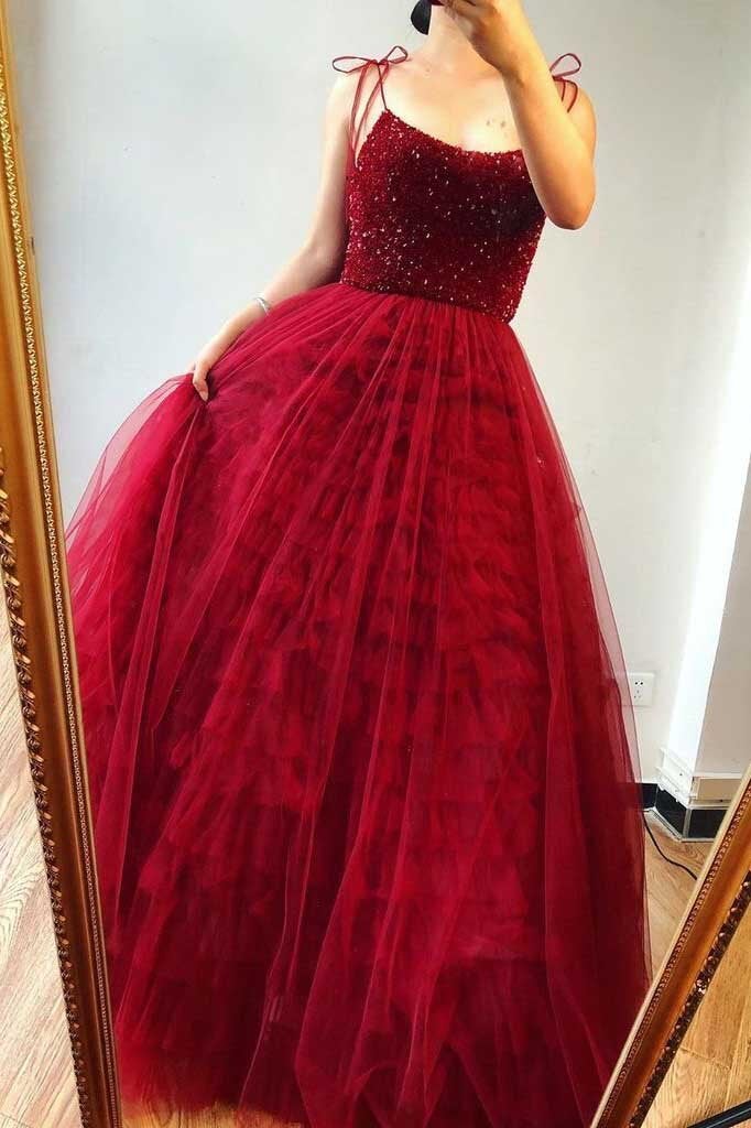 Spaghetti Straps Beaded Bodice Long Burgundy Prom Dresses Evening Gown,Maxi Dress
