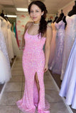 Sparkly Spaghetti Straps Mermaid Prom Dress,Slit Pink Evening Gown,Evening Party Dress