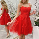 Spaghetti Straps Short Red Lace Prom Dresses, Short Red Lace Graduation Homecoming Dresses