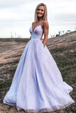 Sparkly A-line Lavender Long Prom Dress, Backless Formal Gown With Pockets