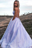 Sparkly A-line Lavender Long Prom Dress, Backless Formal Gown With Pockets