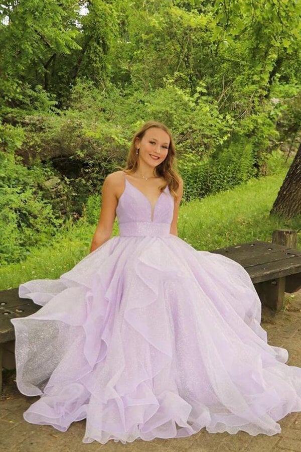 Sparkly Lavender Tulle A-line V-neck Long Prom Dresses, Evening Gowns