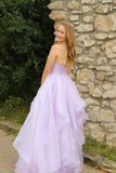 Sparkly Lavender Tulle A-line V-neck Long Prom Dresses, Evening Gowns