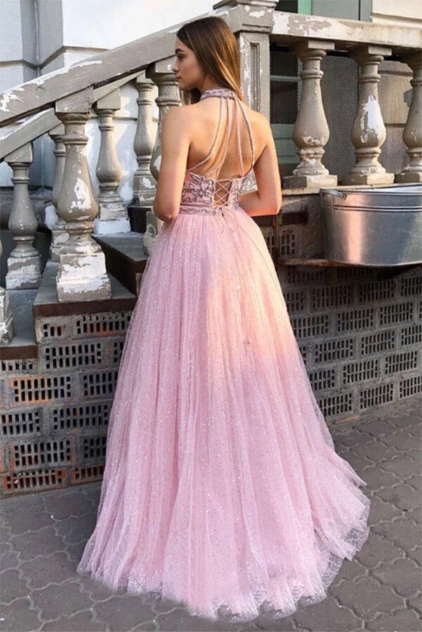 Sparkly Tulle A-line Halter Appliqued Long Prom Dresses, Evening Gowns