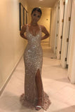 Sparkly Long Prom Dress Sequined Sheath/Column V-neck Evening Dress with Slit