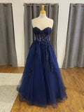 Open Back Navy Blue Lace Beaded Long Prom Dresses,Formal Graduation Party Dress