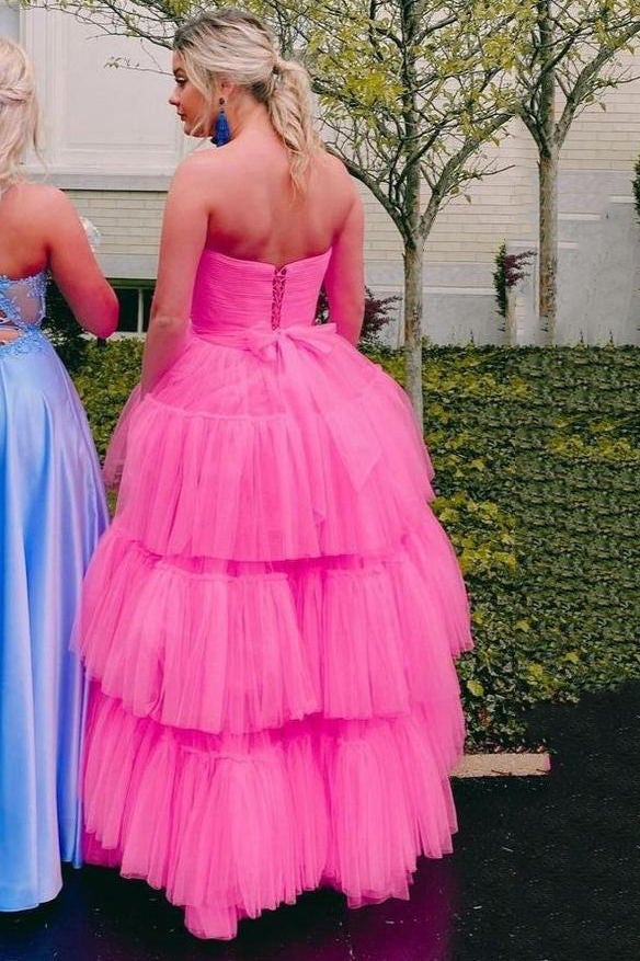 Strapless Pink High-Low Graduation Dresses, Layered Tulle Sweet 16 Gown