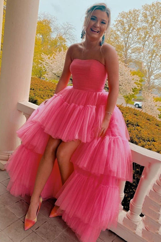 Strapless Pink High-Low Graduation Dresses, Layered Tulle Sweet 16 Gown