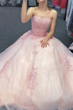 Elegant Strapless Pink Sweet 16 Dress Lace Tulle Long Prom Dress,Formal Dresses