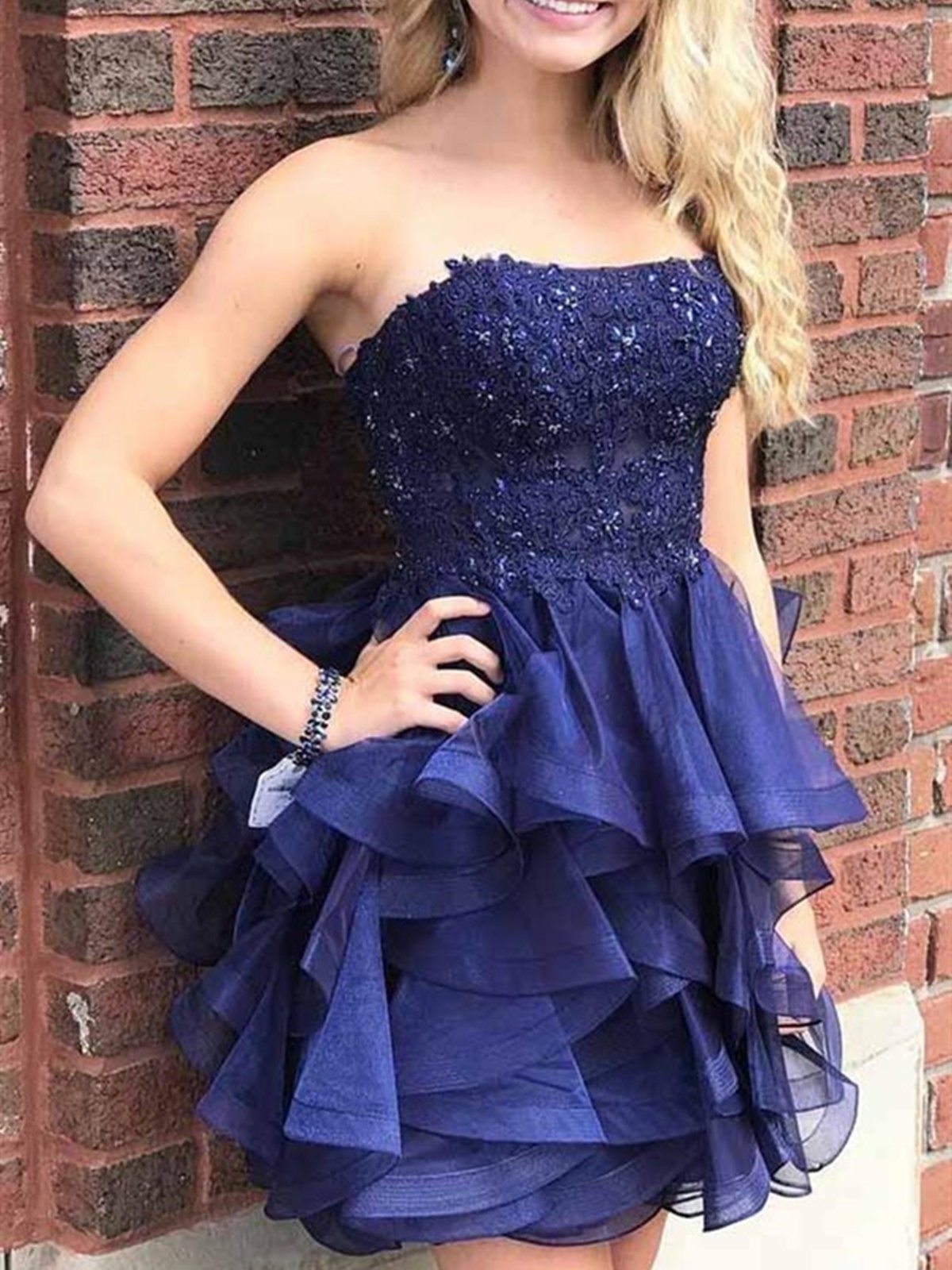 Strapless Short Navy Blue Lace Prom Dresses, Short Navy Blue Lace Formal Homecoming Dresses