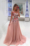 A Line Straps Appliqued Prom Dress,Sweep Train Tulle Evening Dresses