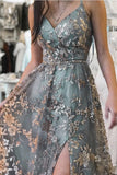 Stylish Tulle Grey Lace A-line V-neck Long Prom Dresses, Evening Gowns,ball dresses