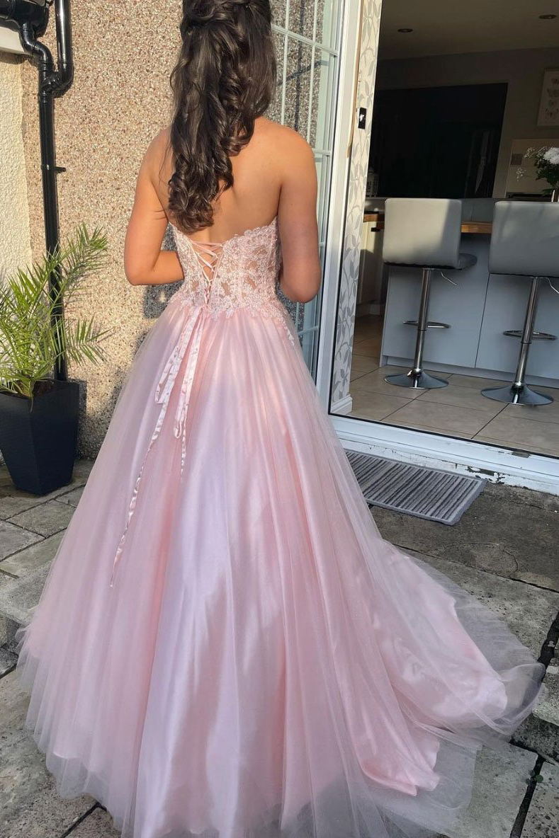 Sweetheart Lace Top Tulle Pink Long Prom Dress, Pink Formal Gown