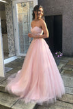 Sweetheart Lace Top Tulle Pink Long Prom Dress, Pink Formal Gown