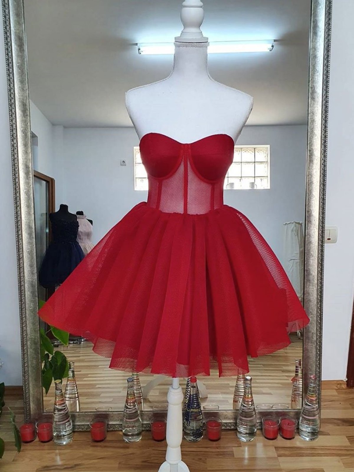 Sweetheart Neck Short Red Prom Dresses, Short Red Formal Graduation Homecoming Dresses
