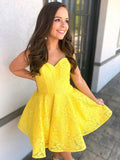 Sweetheart Neck Short Yellow Lace Prom Dresses, Short Yellow Lace Graduation Homecoming Dresses