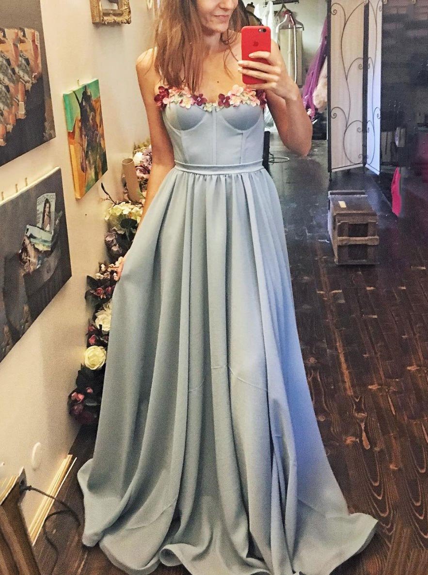 Sweetheart Long Prom Dress With Floral,Formal Dresses Light Blue Evening Dress