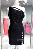 One Shoulder Black Sequin Bodycon Cocktail Dress,Semi Formal Dresses Short