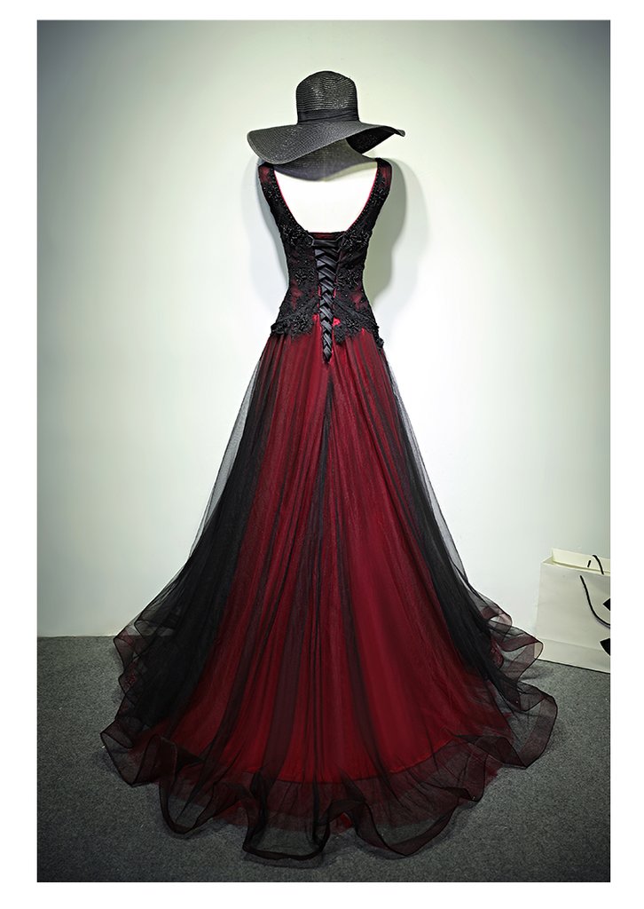 Black and Red Tulle Beaded Lace Long Party Dress Evening jkprom Black and Red Tulle Beaded Lace Long Party Dress Evening jkprom