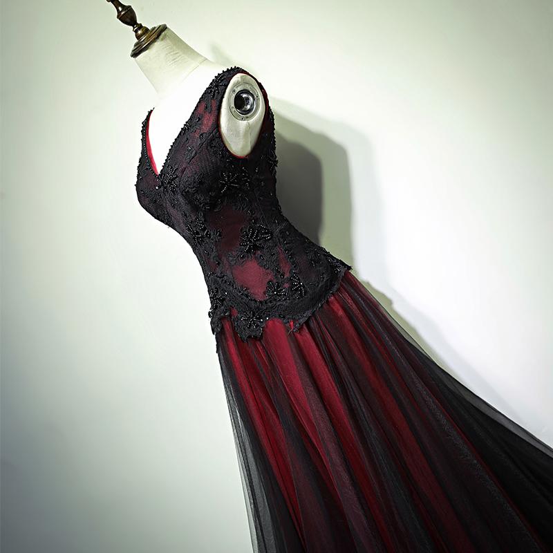 Black and Red Tulle Beaded Lace Long Party Dress Evening jkprom Black and Red Tulle Beaded Lace Long Party Dress Evening jkprom
