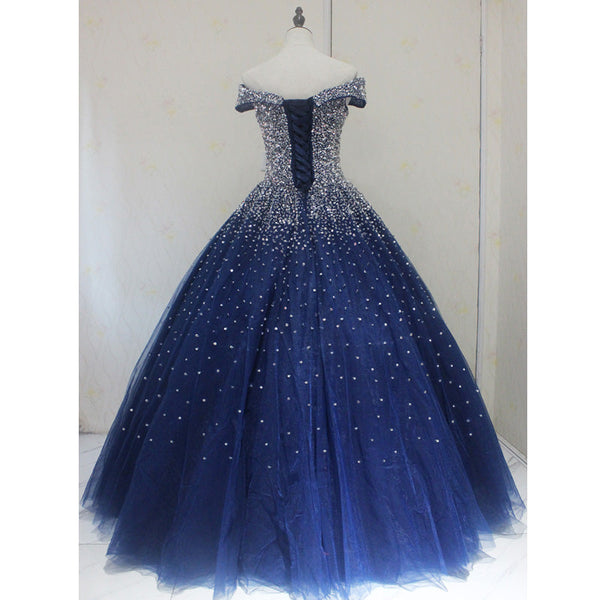 Beautiful Navy Blue Appliques Beaded Ball Gown Off The Shoulder Evening Dress  Y7677