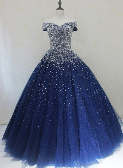 Sparkle Navy Blue Off Shoulder Ball Party Dress,Red Black Beaded Prom Dresses