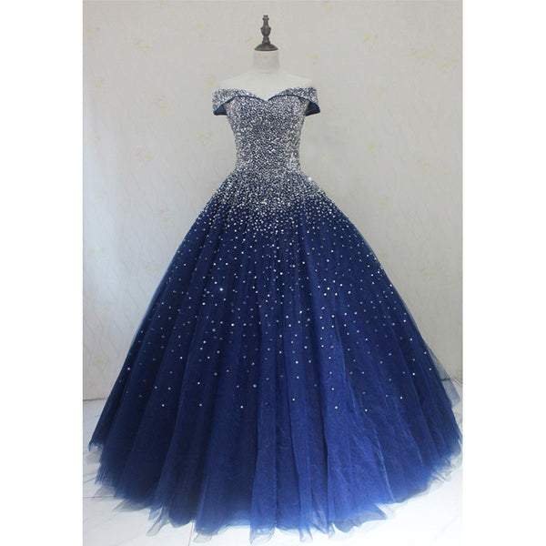 Sparkle Navy Blue Off Shoulder Ball Party Dress Beaded – jkprom