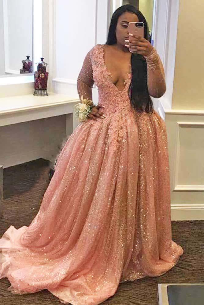 Sparkly Ball Gown Long Sleeve Plus Size Prom Dress With Appliques