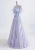 Princess Tulle Jewel Floor-length Prom Dress With Lace Appliques