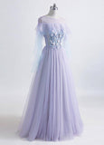 Princess Tulle Jewel Floor-length Prom Dress With Lace Appliques