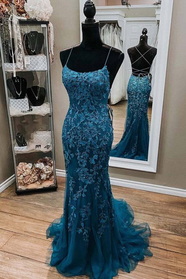 Tulle Lace Mermaid Spaghetti Straps Prom Dresses, Long Formal Dress,event dresses elegant