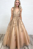 Tulle Lace Applique Long Prom Dress V-neck With Beading