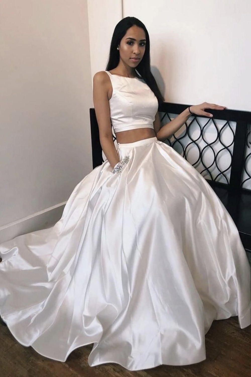 Two Pieces Ivory Satin Long Prom Dress with Pocket, 2 Pieces Ivory Formal Dress, Ivory Evening Dress