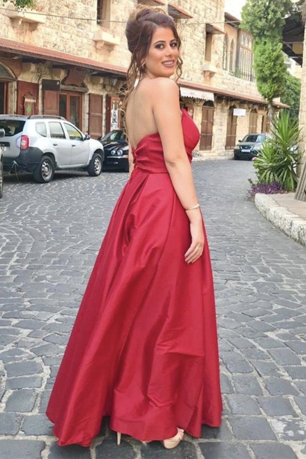 Unique V Neck Backless Red Satin Long Prom Dress,Backless Formal Dresses,Evening Dress