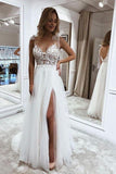 V-neck Appliques Beach Wedding Dresses,Formal Dresses Tulle Prom Dress With Split