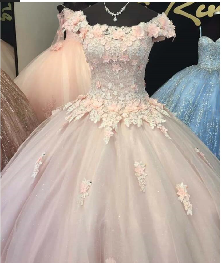 sweet 16 dresses white and pink Pink Tulle Lace Long A-Line Princess Dress, Cute Puff Sleeve Sweet 16