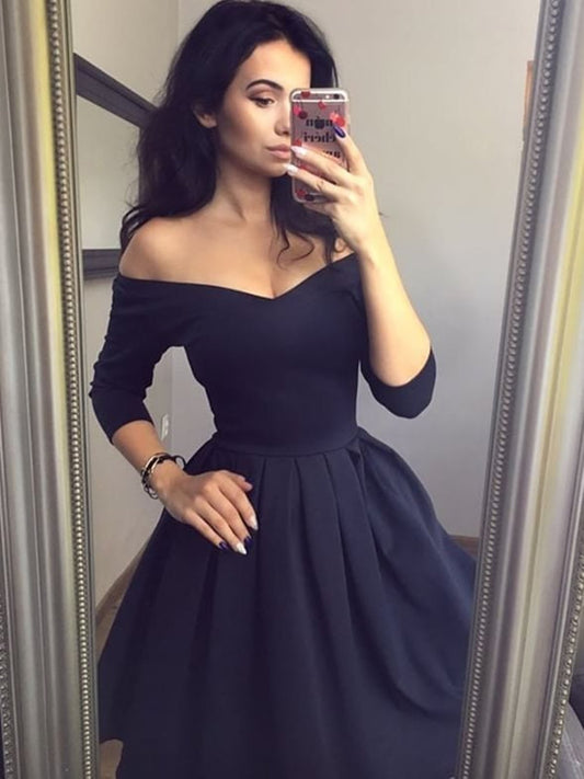 V Neck 3/4 Sleeves Short Black Prom Dresses, Short Black Formal Homecoming Dresses