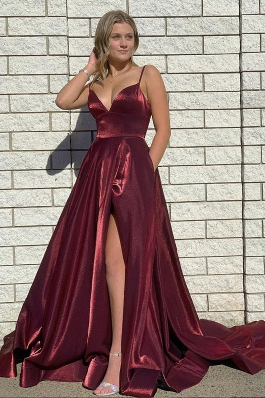 V Neck Backless Burgundy Long Prom Dress with High Slit, Backless Burgundy Formal Dress, Burgundy Evening Dress